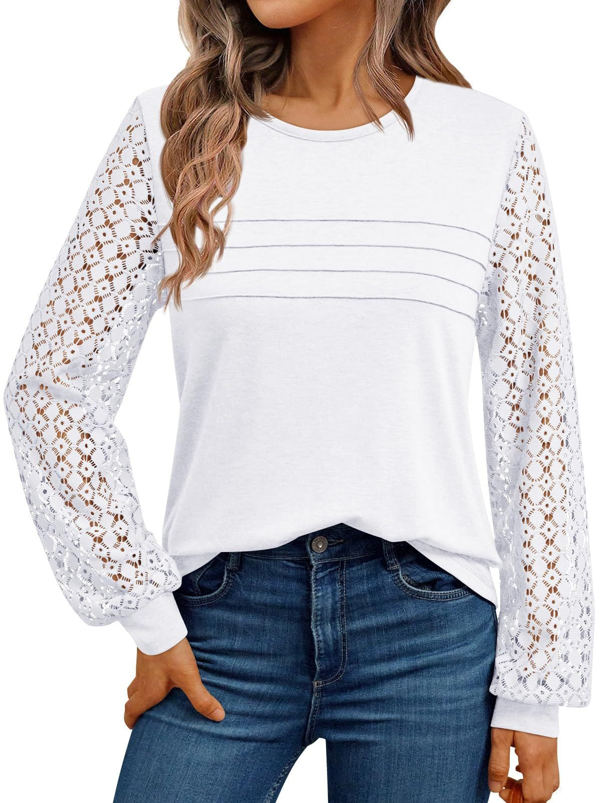 Lace Sleeve Patchwork Knit Pullover Top for Women