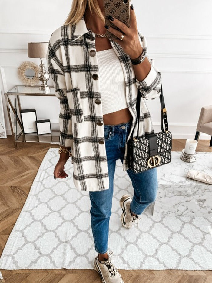 Beige Plaid Oversized Shacket Wool Blend Button Down Jacket