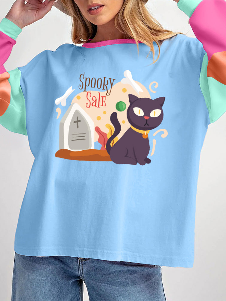 Spooky Cat Halloween Colorblock Tee