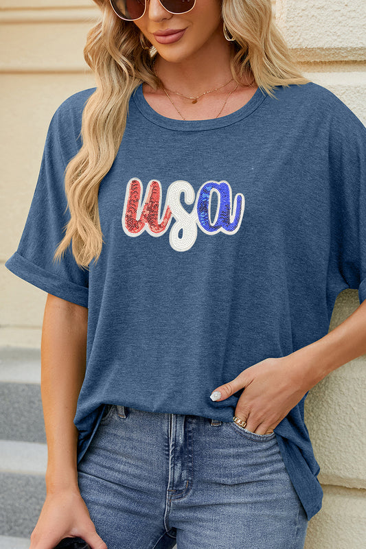 USA Sequin Graphic July 4th Loose Fit Tee Top