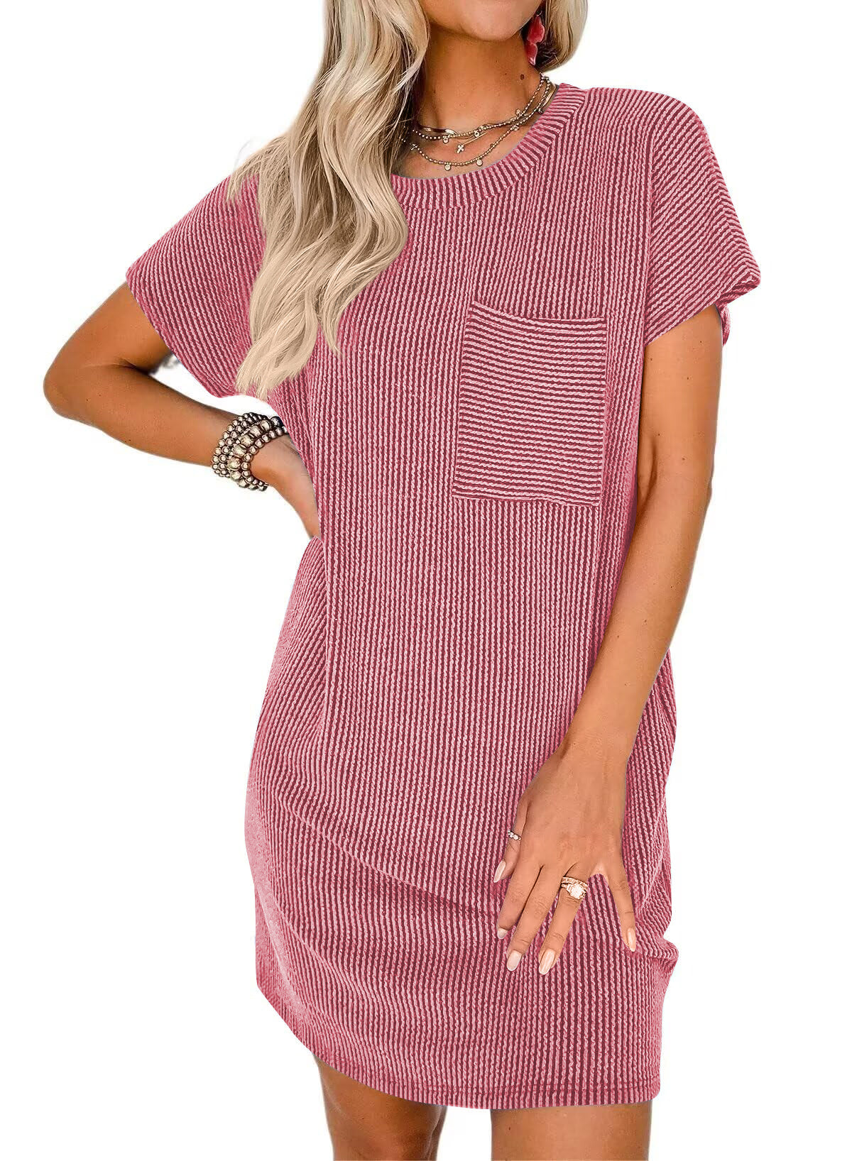 Pink Striped Short Sleeve T-Shirt Dress with Pocket