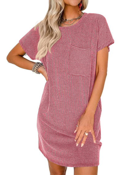Pink Striped Short Sleeve T-Shirt Dress with Pocket