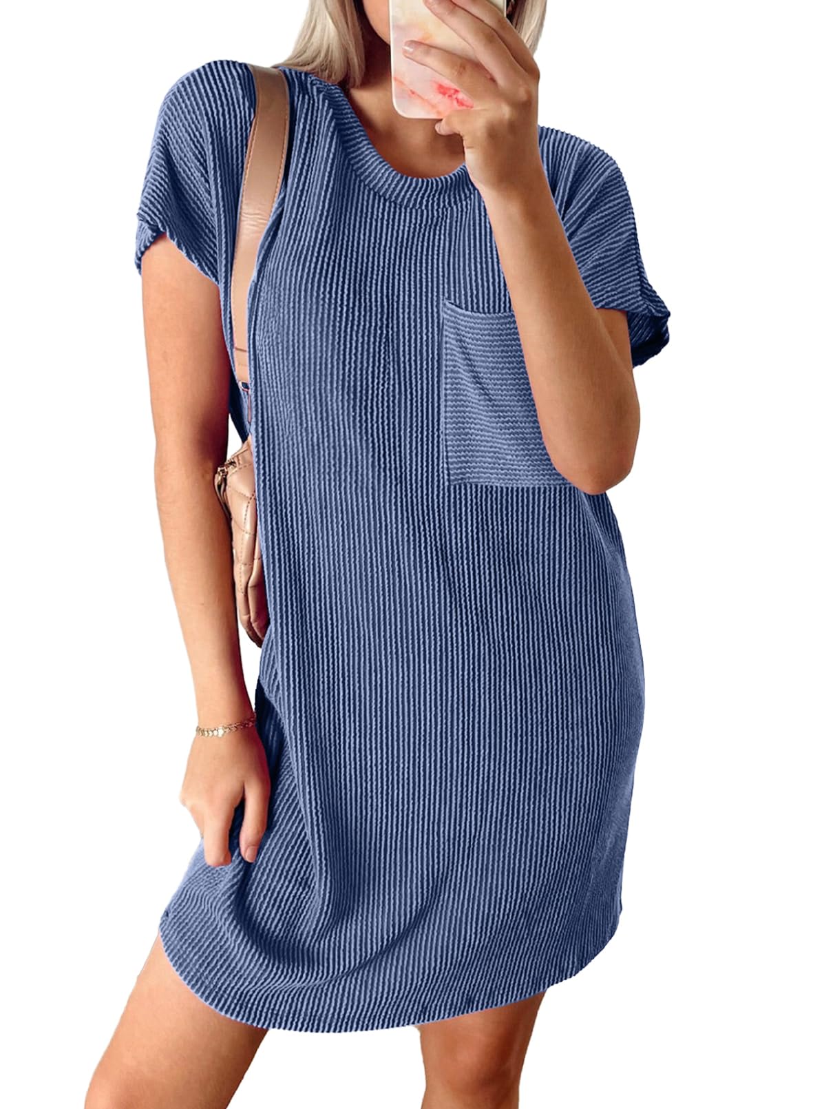 Women’s Textured Stripe Pocket T Shirt Dress Summer