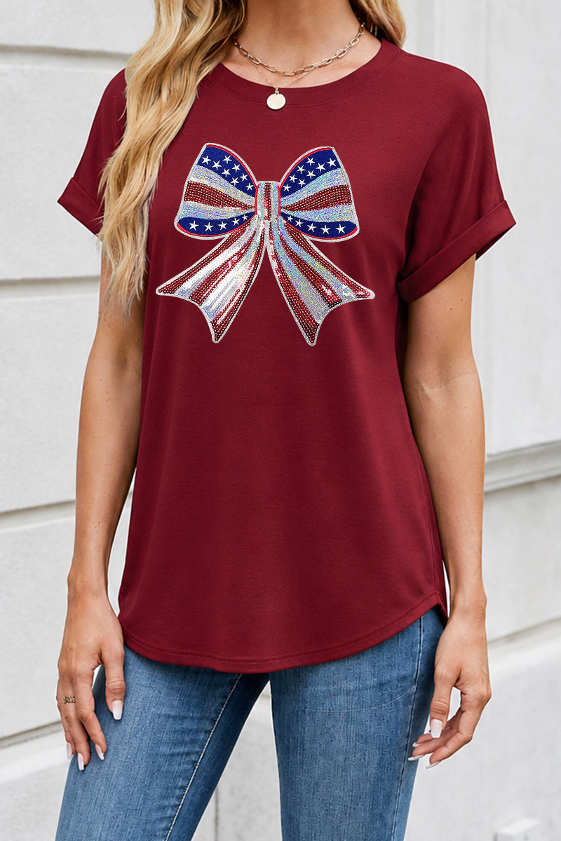 Patriotic Bow Graphic July 4th Tee Shirt Women