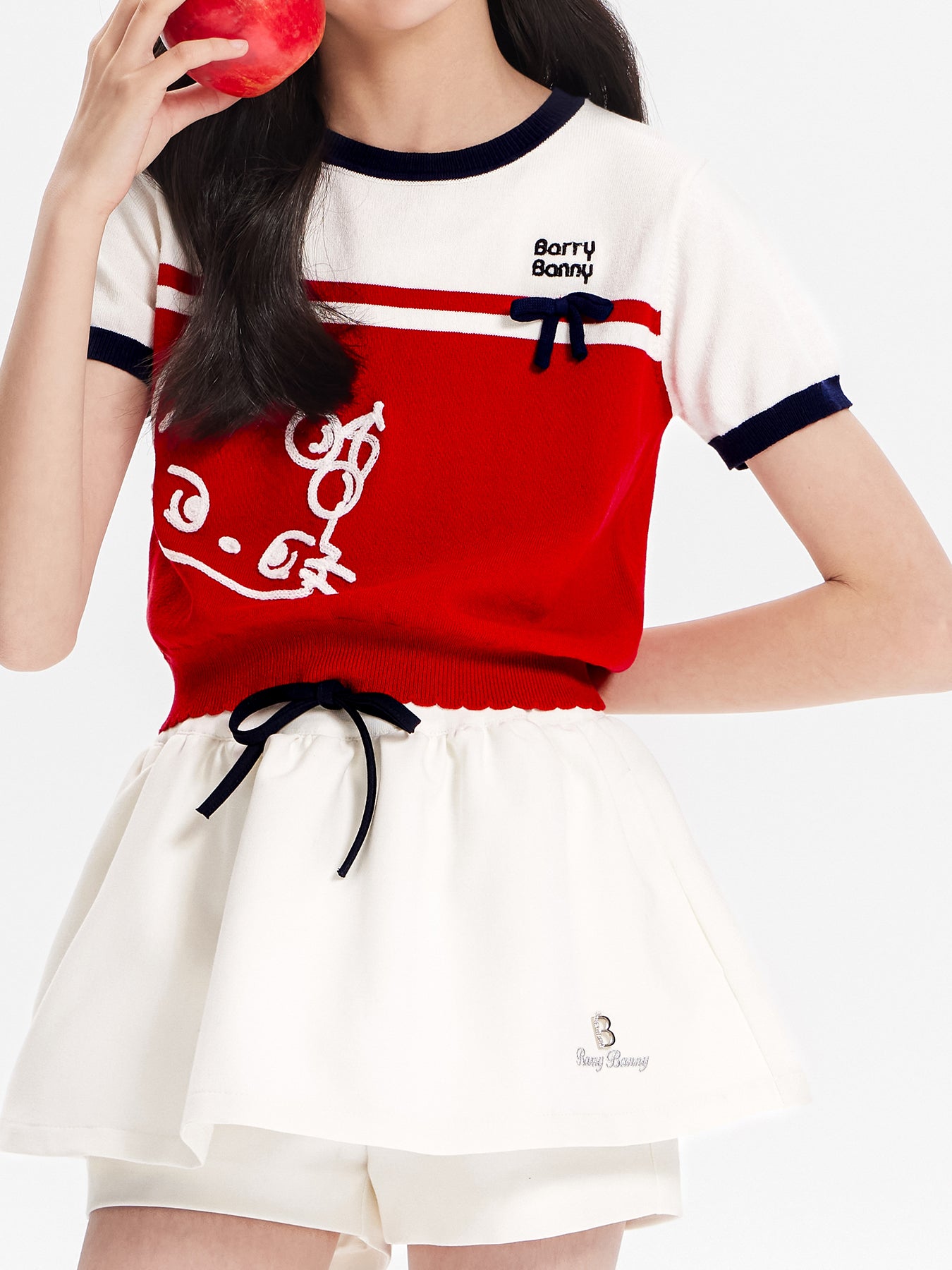 Girls Red Knit Bow Crew Neck Short Sleeve T-Shirt