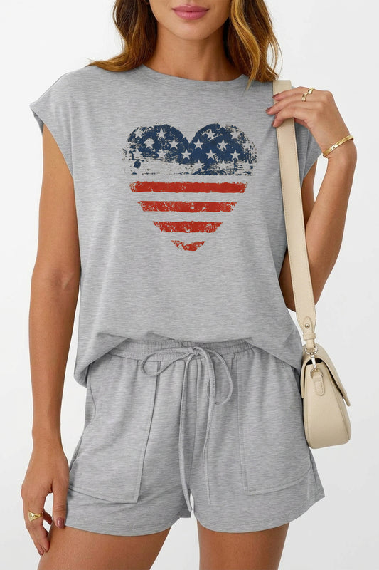 4th of July American Flag Heart Lounge Short Set