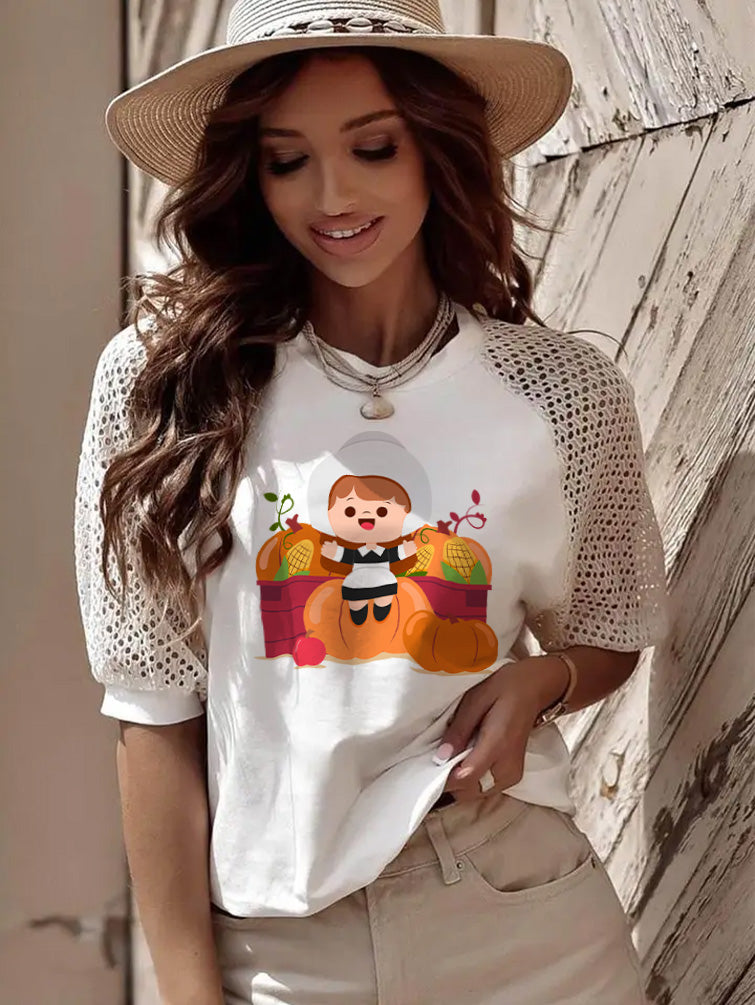 Thanksgiving Pilgrim Girl Pumpkin Harvest Lace Sleeve Tee