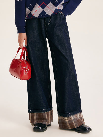 Girls' Fashion Wide Leg Pants Casual Plaid Cuff Jeans