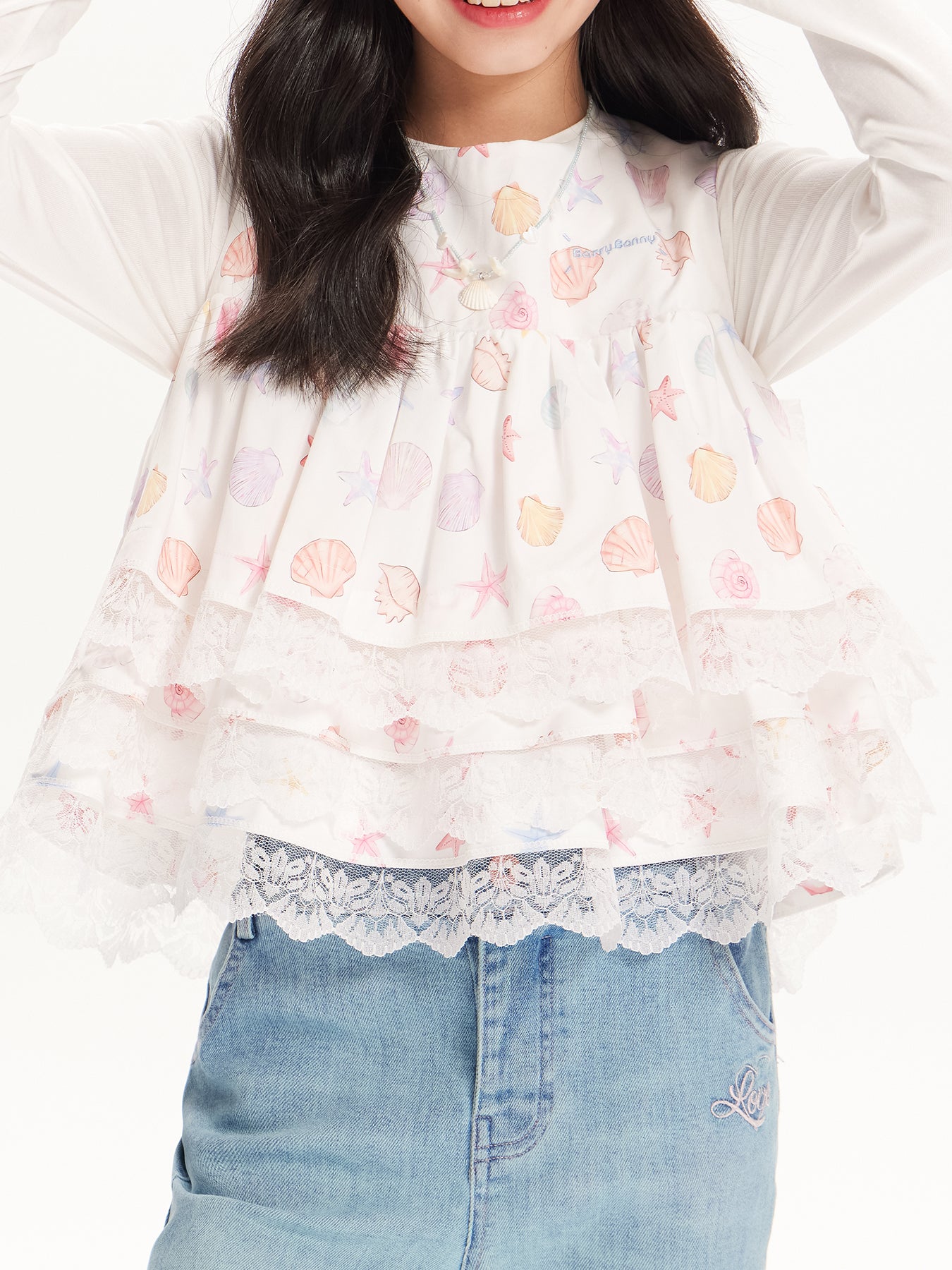 Girls Lace Layered Seashell Print Sleeveless Vest Top