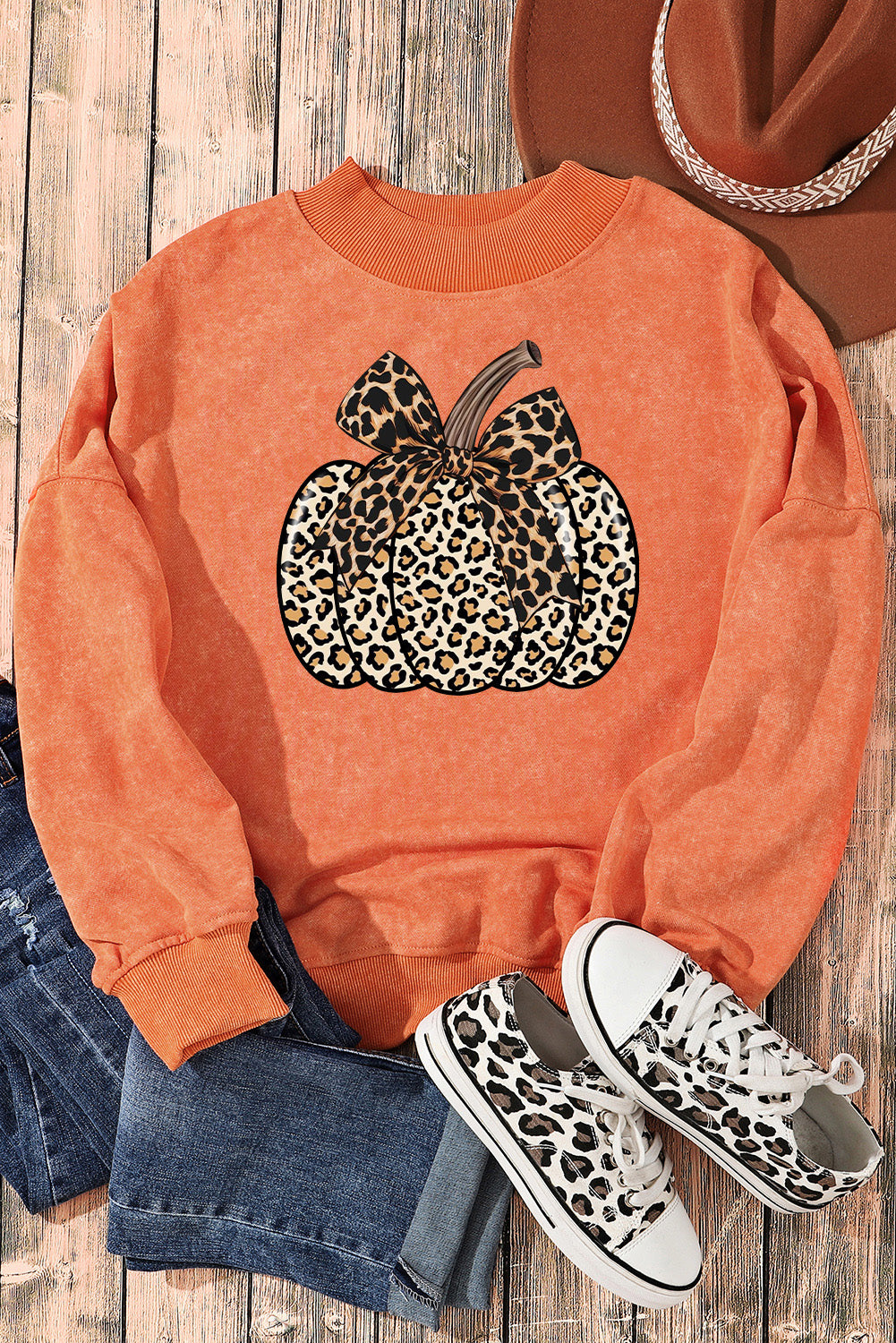 Leopard Pumpkin Graphic Orange Fall Sweatshirt for Women