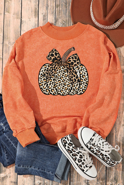 Leopard Pumpkin Graphic Orange Fall Sweatshirt for Women