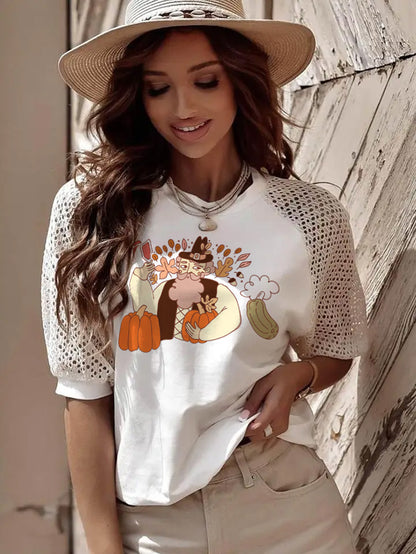 Thanksgiving Harvest Pilgrim Pumpkin Lace Sleeve Fall Tee