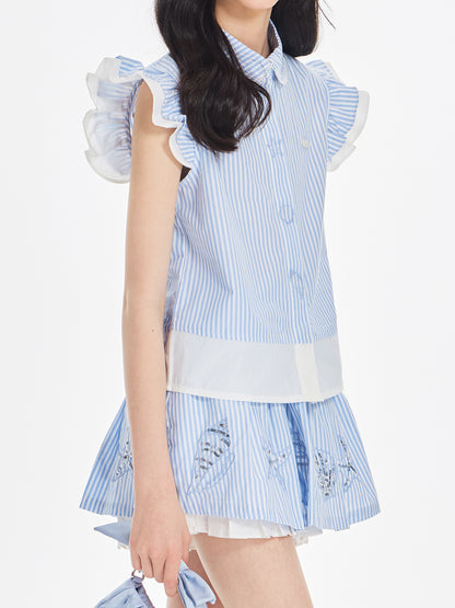 Girls Ruffle Sleeve Striped Blouse and Skirt Shorts