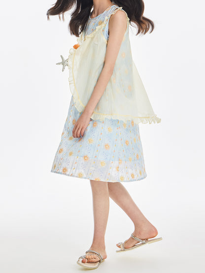 Girls Sleeveless Floral Dress with Ruffle