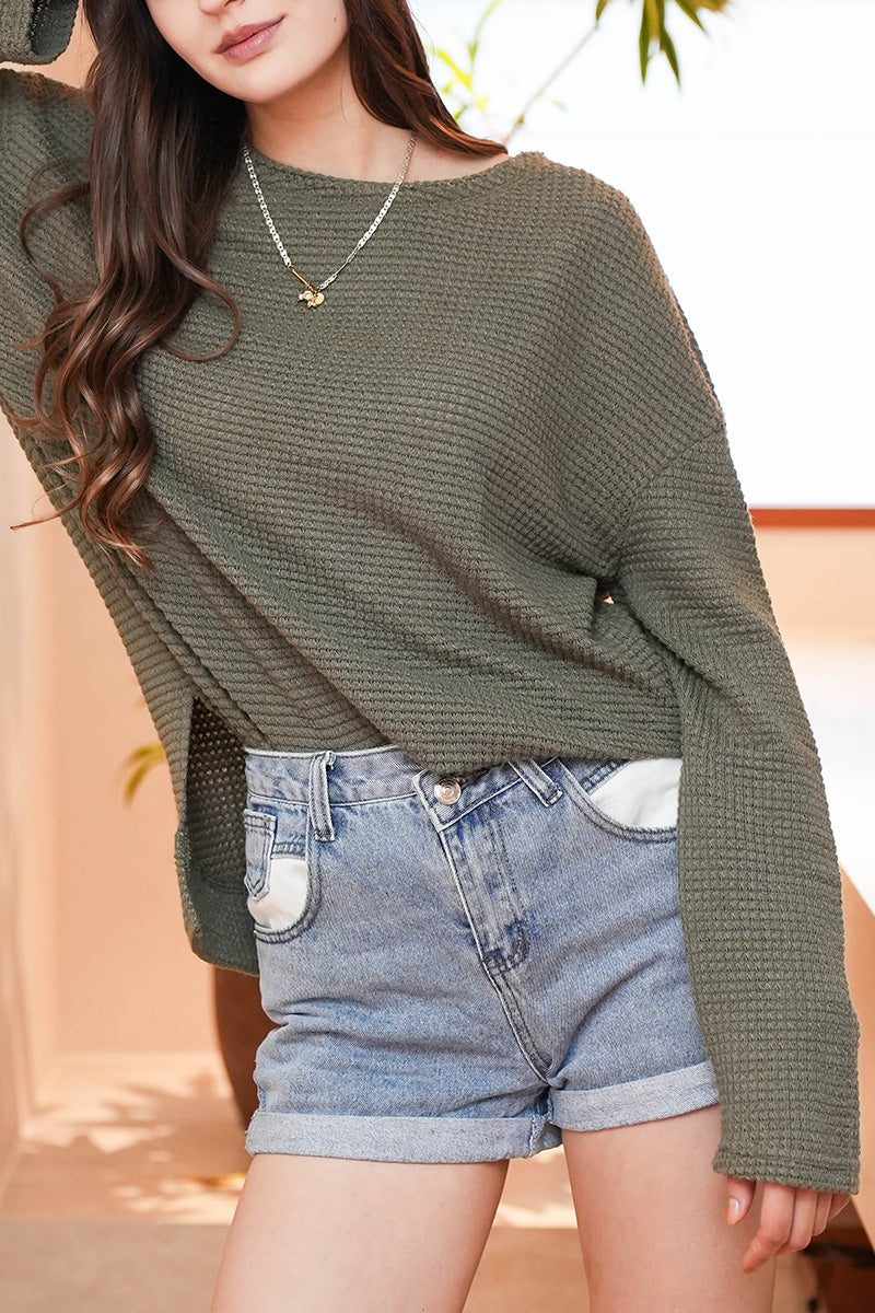 Olive Waffle Knit Oversized Top Side Slit Casual Pullover