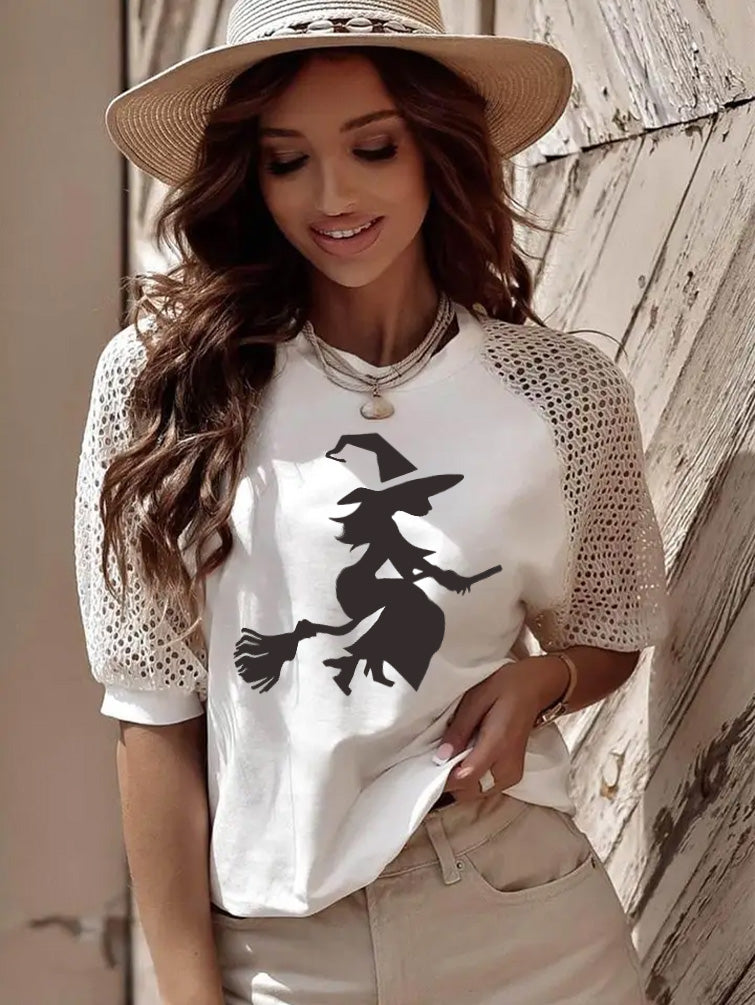 Witch Graphic Halloween Tee with Crochet Lace Sleeves