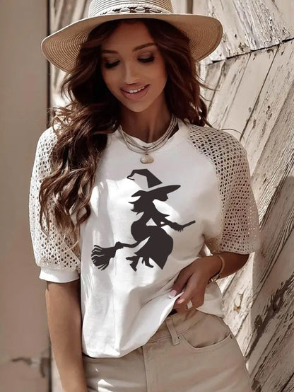 Witch Graphic Halloween Tee with Crochet Lace Sleeves