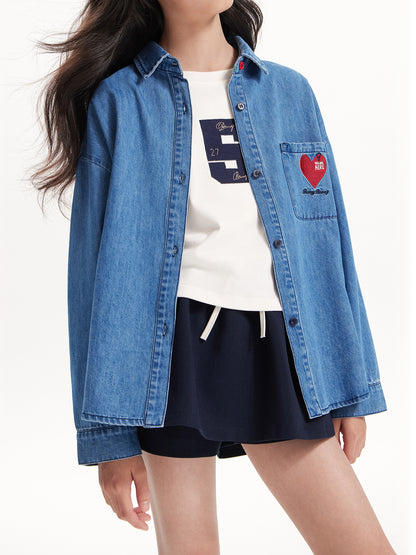 Girls Denim Heart Embroidered Shirt Jacket – Blue Classic