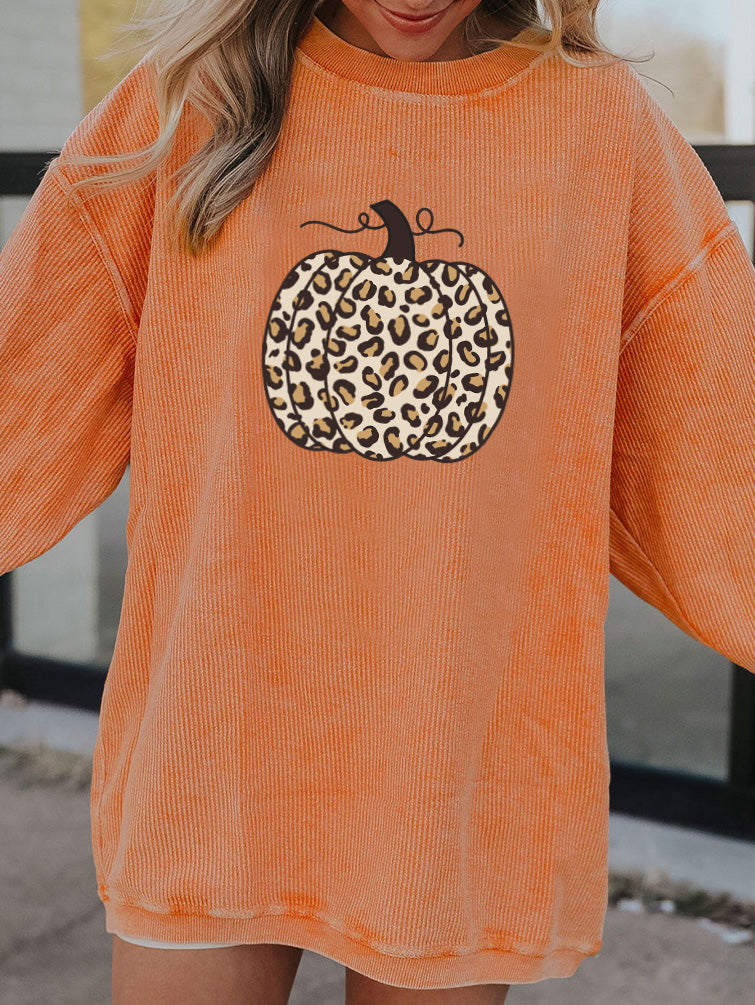 Leopard Pumpkin Graphic Oversized Orange Corded Sweatshirt