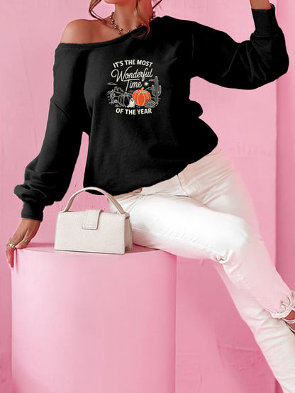 Fall Pumpkin Ghost Graphic Halloween Black Sweatshirt
