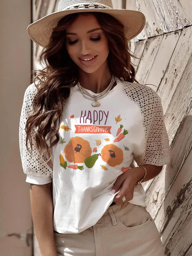 Happy Thanksgiving Veggie Pumpkin Graphic Lace Sleeve Tee