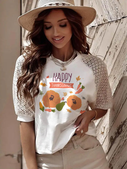 Happy Thanksgiving Veggie Pumpkin Graphic Lace Sleeve Tee
