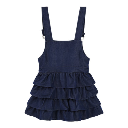 Girls Denim Layered Ruffle Overall Dress Adjustable
