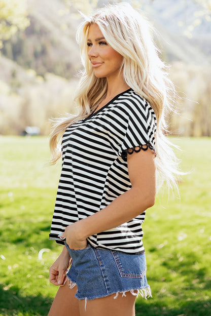 Black Stripe V Neck Lace Trim Casual Tee Top