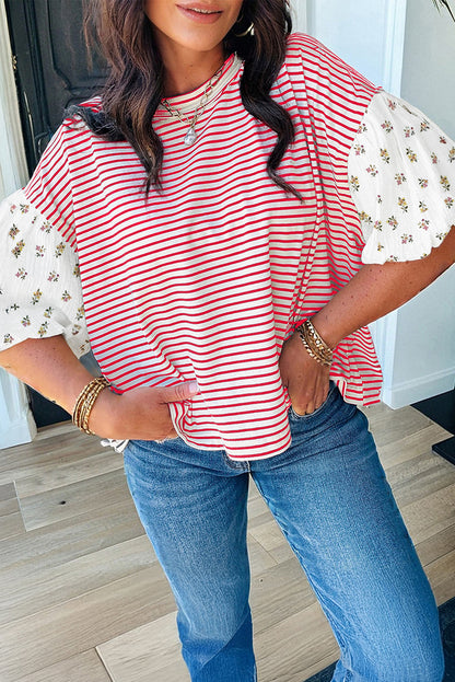 Striped Floral Patchwork Puff Sleeve Loose Casual Top