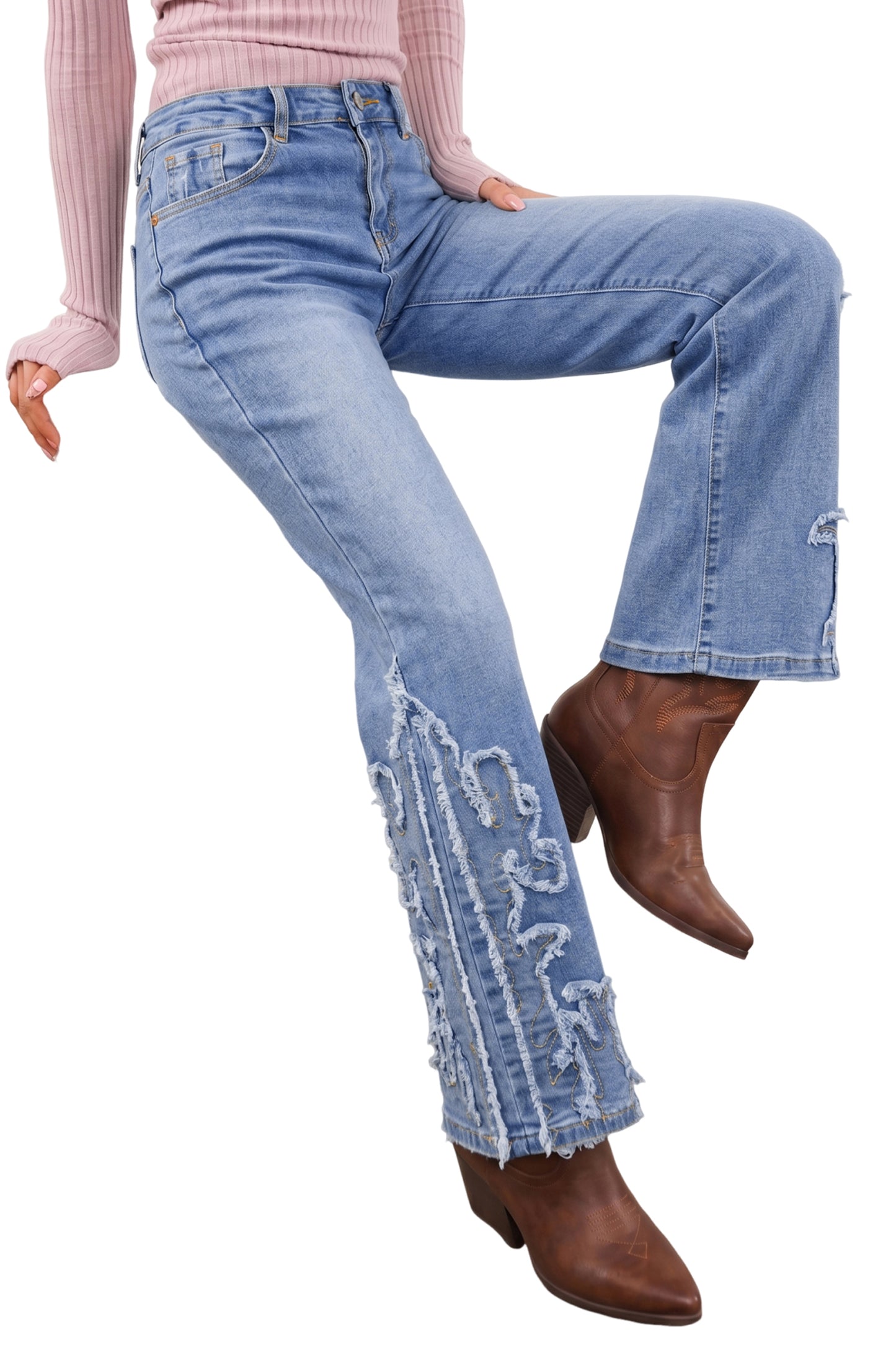 Western Embroidered Flare Jeans Frayed Hem Bootcut Denim