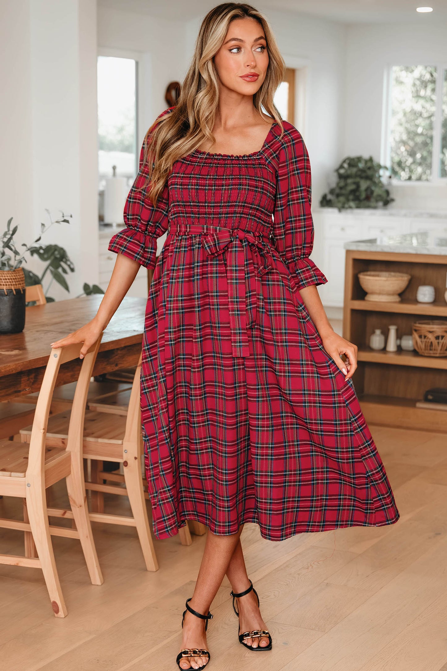 Red Tartan Plaid Puff Sleeve Smocked Waist Christmas Dress