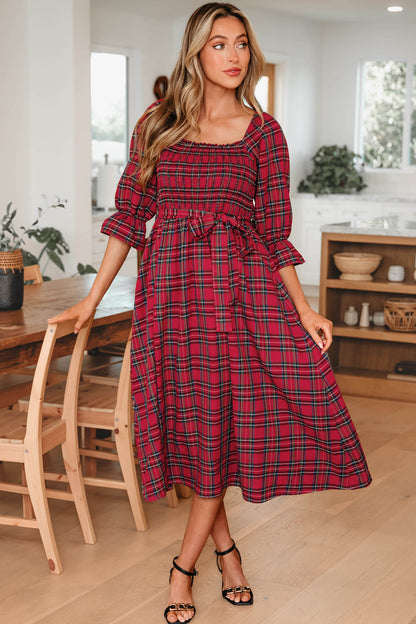 Red Tartan Plaid Puff Sleeve Smocked Waist Christmas Dress