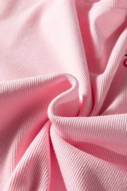 Pink XOXO Heart Embroidered Ribbed Knit Valentines Sweatshirt