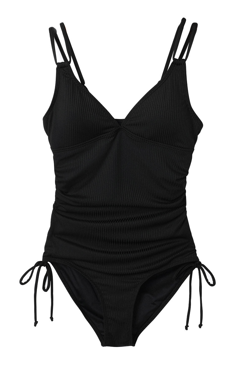 Ribbed V Neck One Piece Swimsuit Adjustable Straps