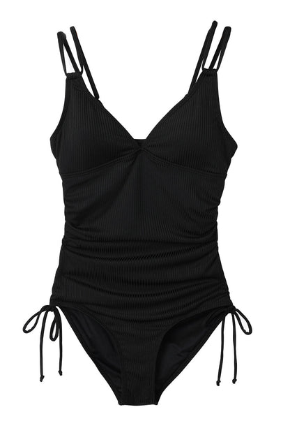 Ribbed V Neck One Piece Swimsuit Adjustable Straps
