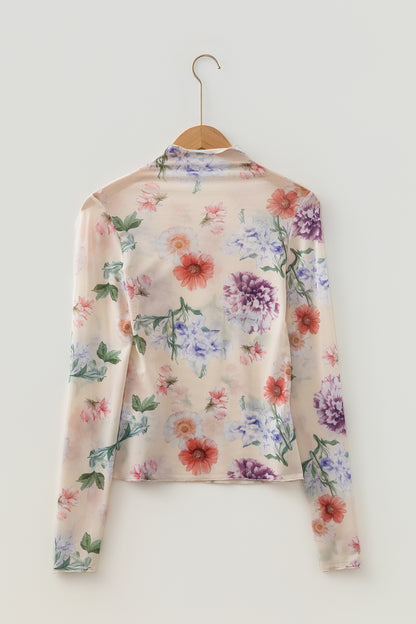 Apricot Floral Mesh Mock Neck Thumbhole Long Sleeve Top