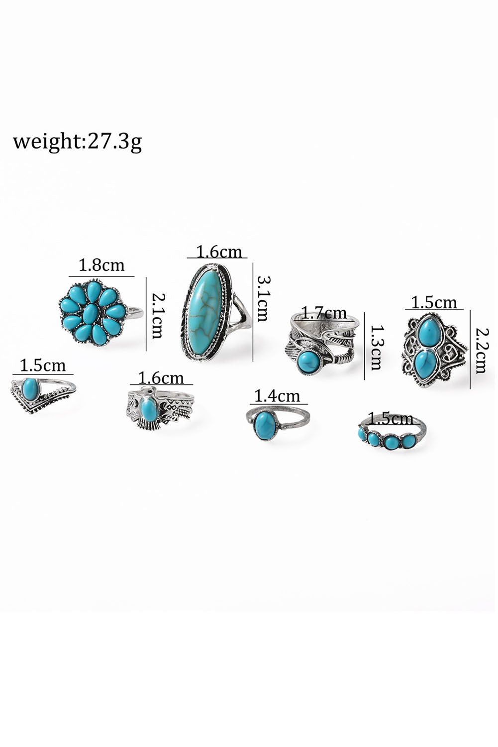Turquoise Western Ring Set 8 Piece Vintage Boho Jewelry
