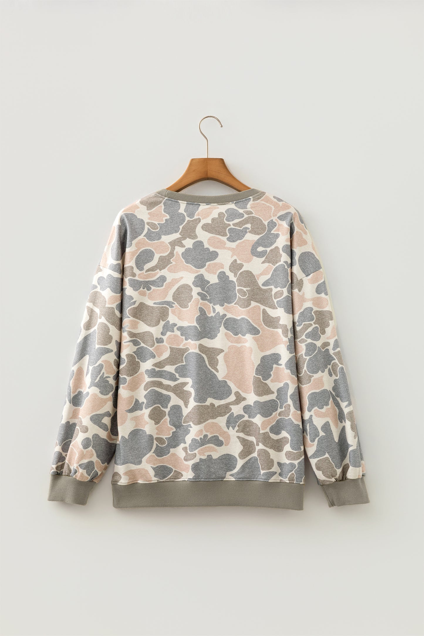 Camouflage Oversized Pullover Sweatshirt Rib Trim Top