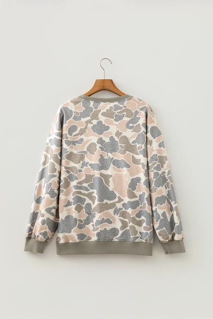 Camouflage Oversized Pullover Sweatshirt Rib Trim Top