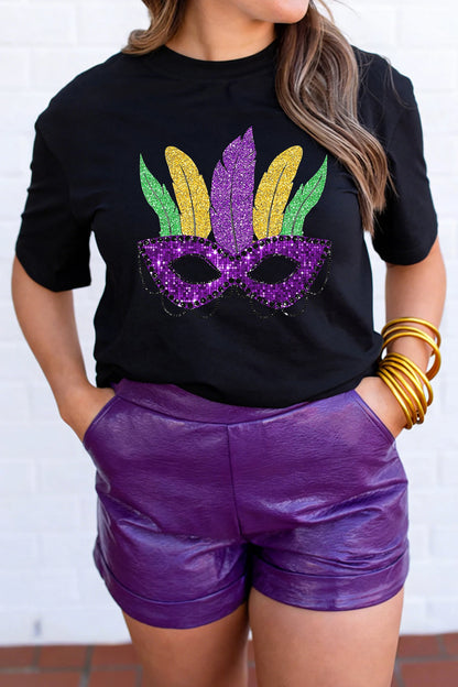 Black Glitter Mardi Gras Mask Feather Graphic Tee