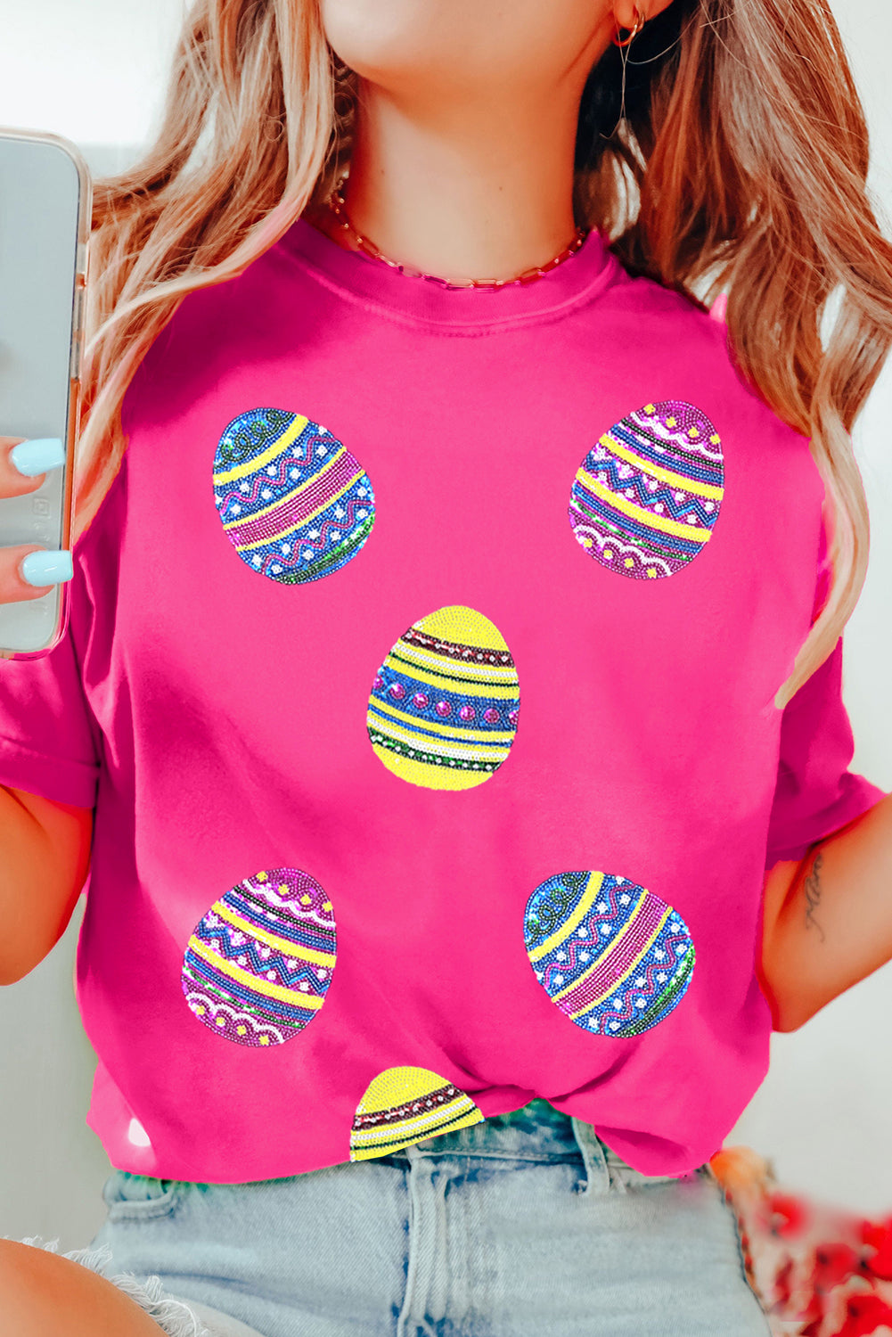 Rose Red Sequin Easter Egg Graphic Crew Neck Tee