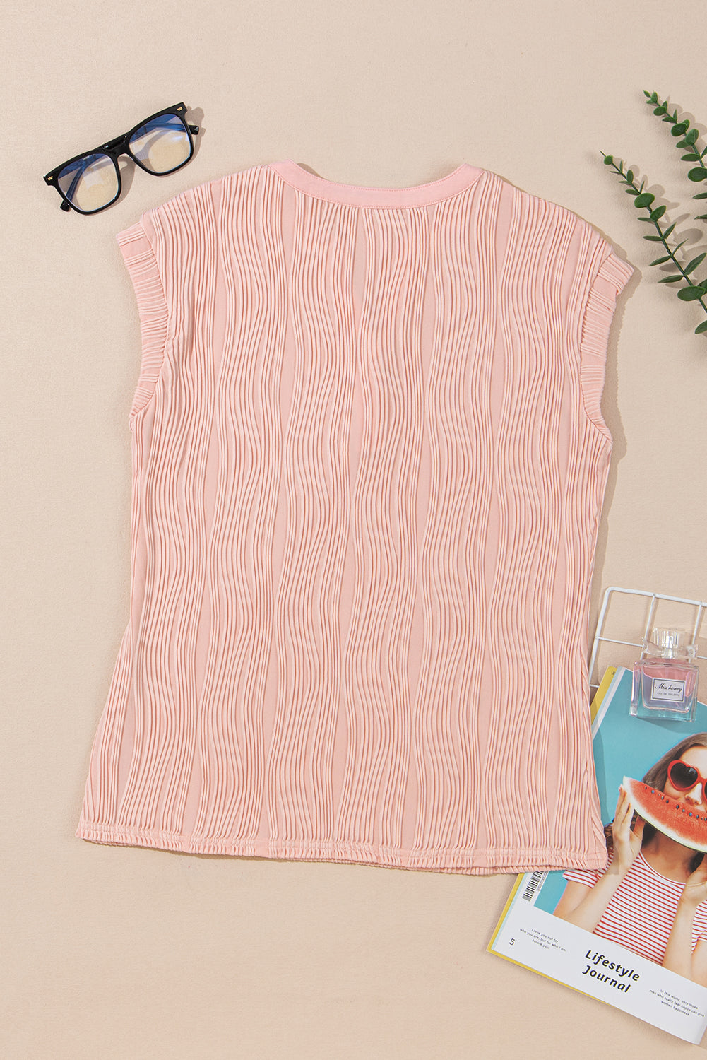 Ribbed V Neck Button Cap Sleeve Knit Top Casual