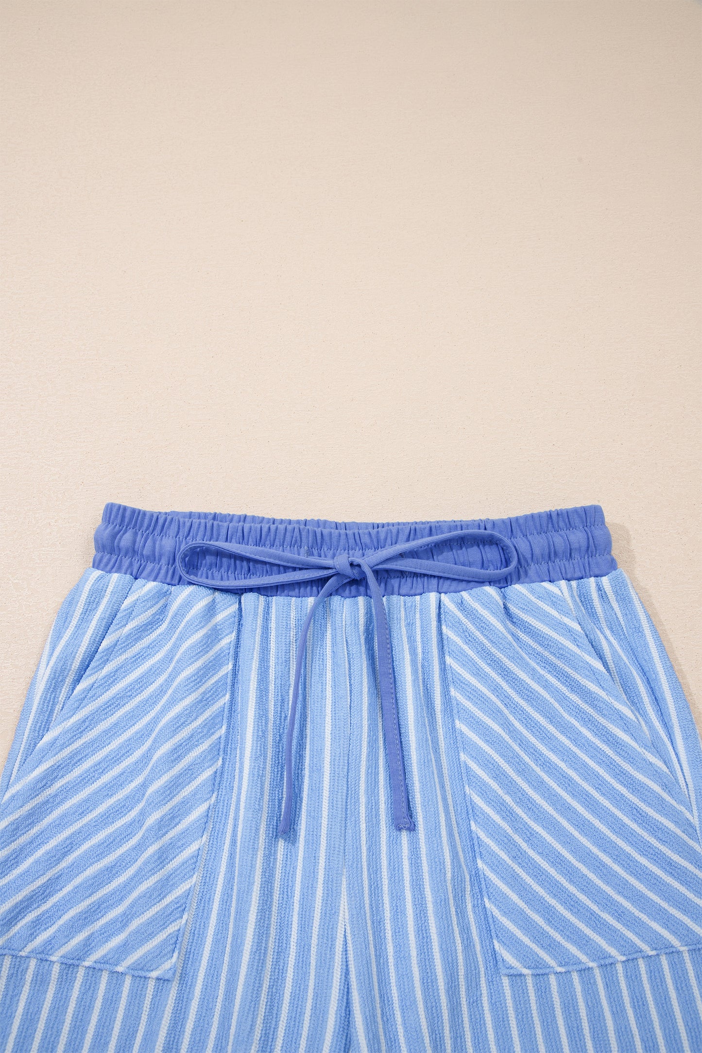 Khaki Stripe Crew Neck Tee Drawstring Waist Cropped Pants Set