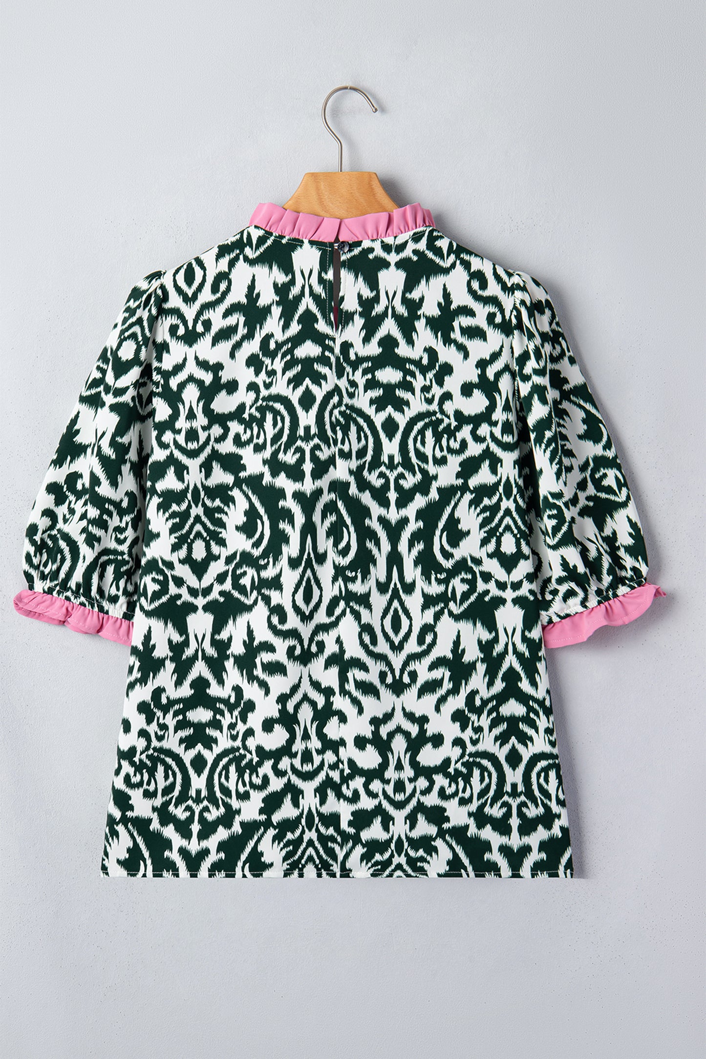 Damask Print Ruffle Trim Half Sleeve Casual Blouse