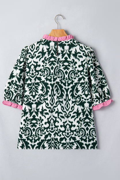 Damask Print Ruffle Trim Half Sleeve Casual Blouse