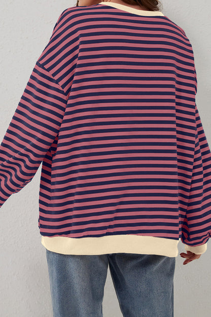 Sky Blue Stripe Oversized Contrast Trim Pullover Sweatshirt