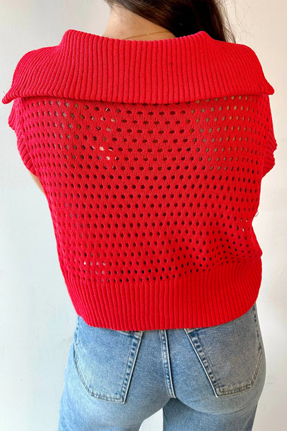 Open Knit Quarter Zip Short Sleeve Sweater Top