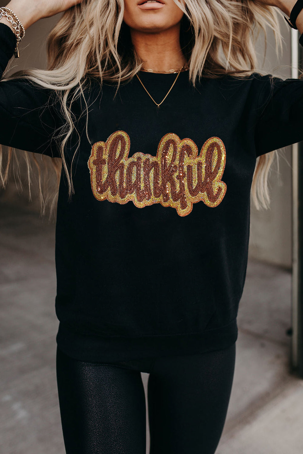 Black Thankful Glitter Graphic Drop Shoulder Sweatshirt