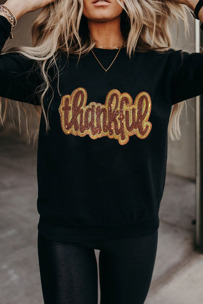 Black Thankful Glitter Graphic Drop Shoulder Sweatshirt