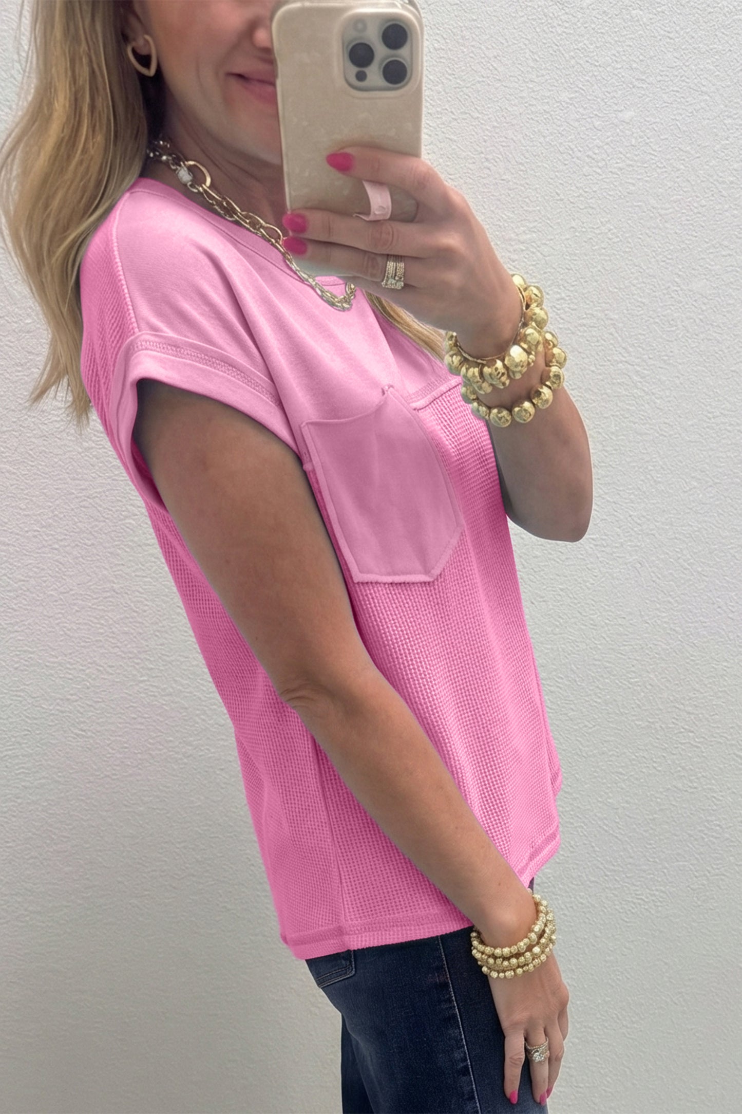 Waffle Knit Patchwork Pocket Loose Fit Casual T Shirt